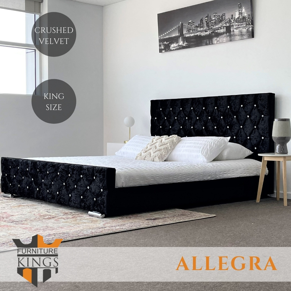 Allegra Queen King Bed Velvet Fabric Black Diamond Studded Upholstered Suede Allegra Queen King Bed Velvet Fabric, Black Upholstered King Bed