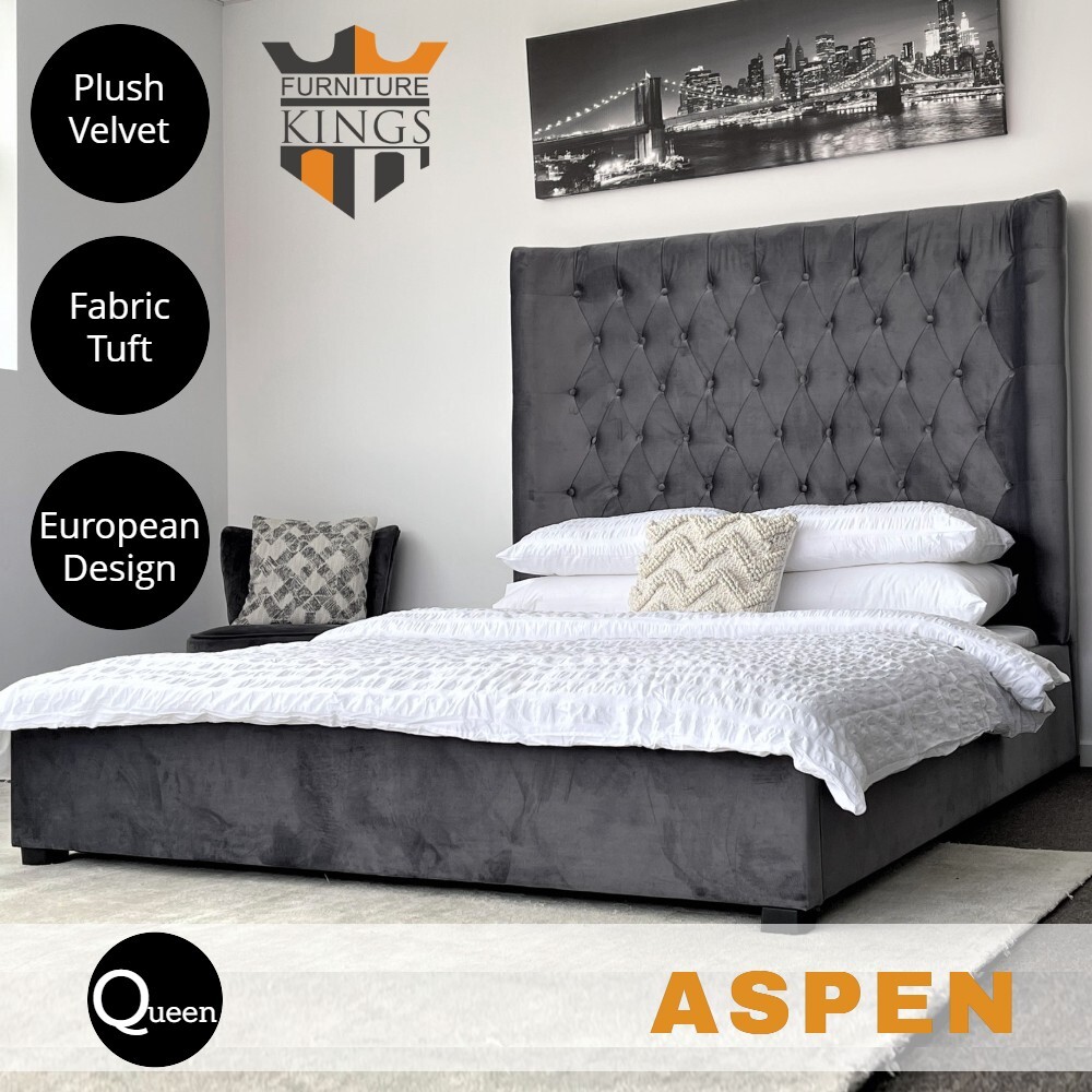 Aspen Queen Bed Frame Studded Fabric Grey Plush Velvet Upholstered Tall Headboard Tufts