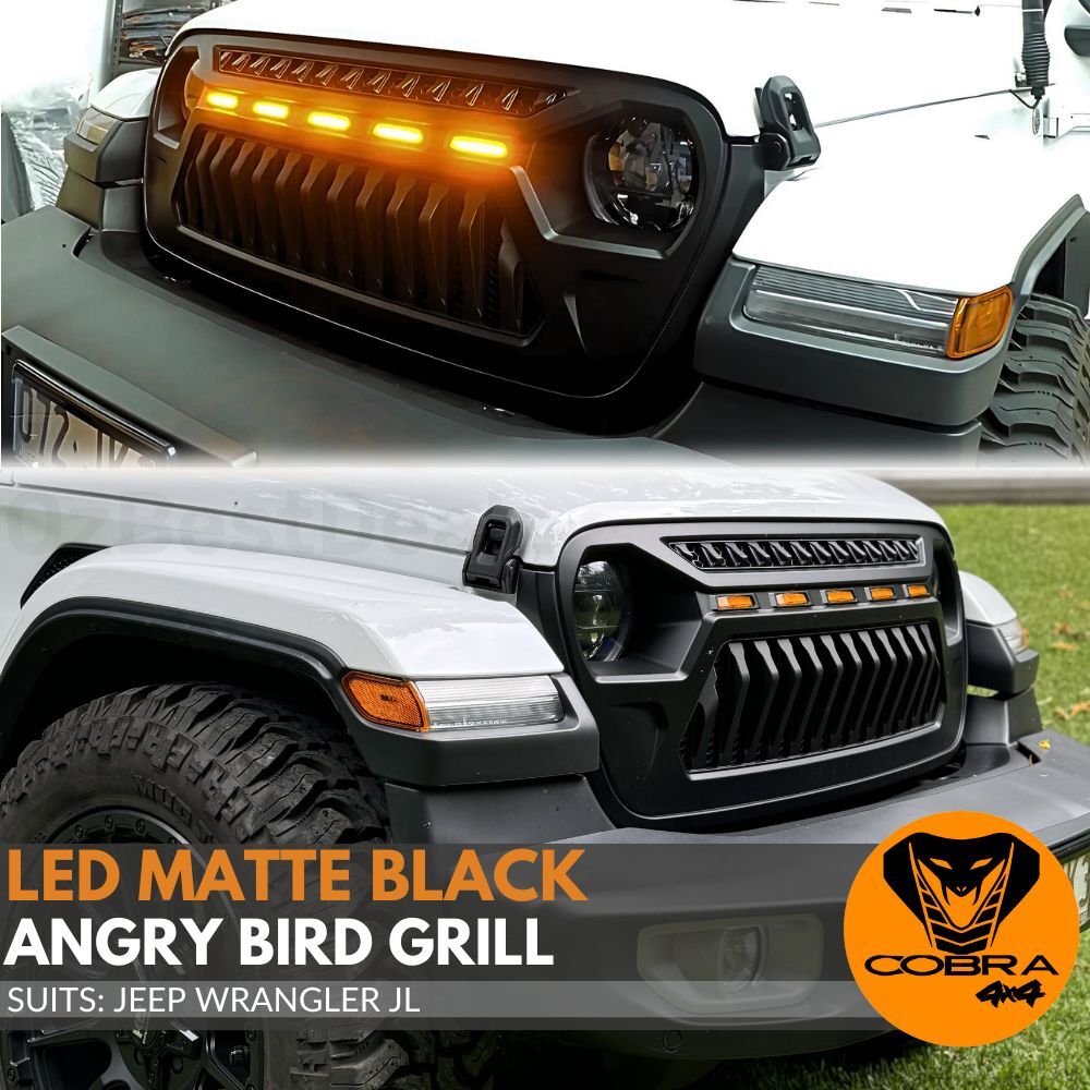 Metaauto Matte Black Front Bumper Grille With LED Lamps – Fits 2018-2021 Jeep Wrangler JL & JT