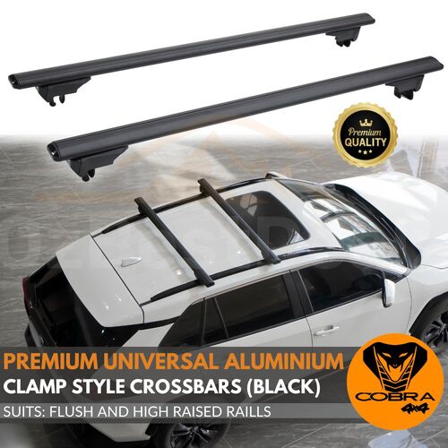 2 x Universal Aluminium Clamp Style Roof Cross Bars Suits flush and high raised rails 130cm Black Lockable Crossbars Rack Luggage Carrier