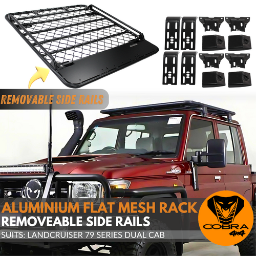 Aluminium Flat Mesh Roof Rack With Removeable Side Rails Suits Landcruiser 79 Series Dual Cab Platform Brackets Black Powder Coated