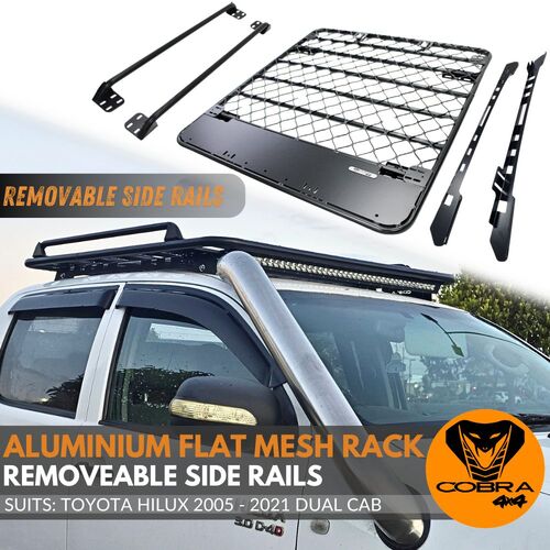 Aluminium Flat Mesh Roof Rack With Removeable Side Rails Suits Hilux 2005 - 2021 Platform Brackets Black Powder Coated