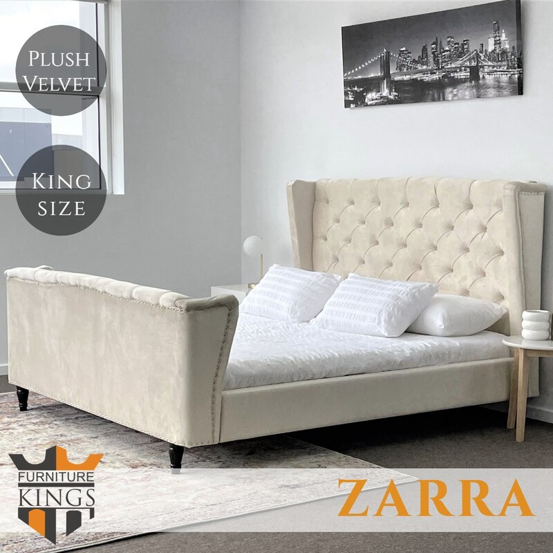 Zarra king Bed Frame Studded Fabric Beige Plush Velvet Upholstered Tufts
