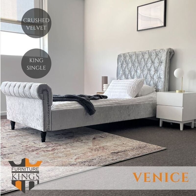 Venice King Single Size  Silver Grey Luxury Crushed Velvet Fabric Tufts Bed Frame Upholstered 