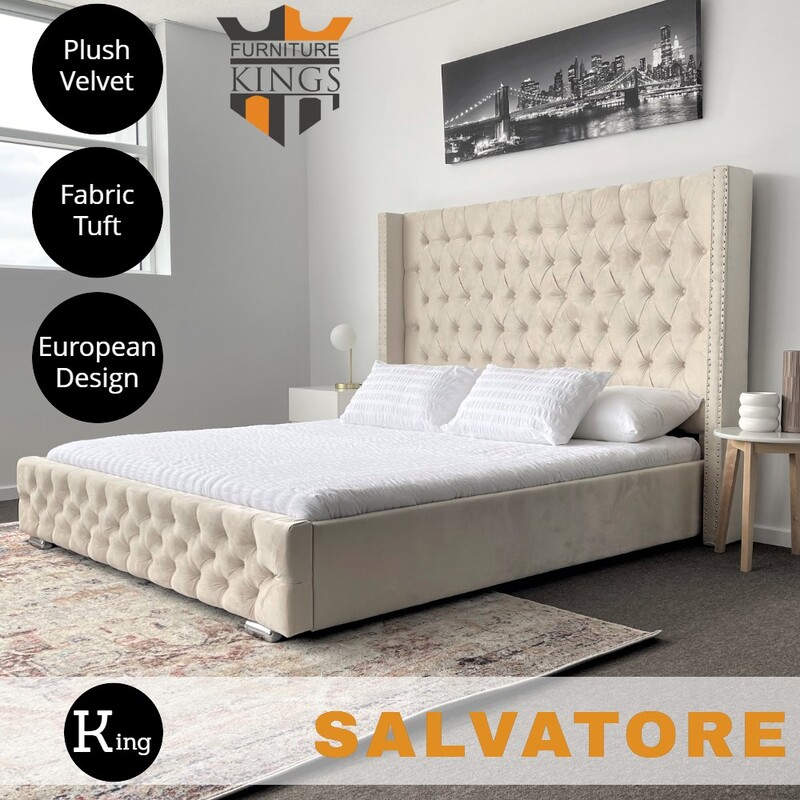 Salvatore King Bed Frame Studded Fabric Beige Plush Velvet Upholstered Tall Headboard Tufts Salvatore King Bed Frame Studded Fabric, Velvet King Bed Frame Australia