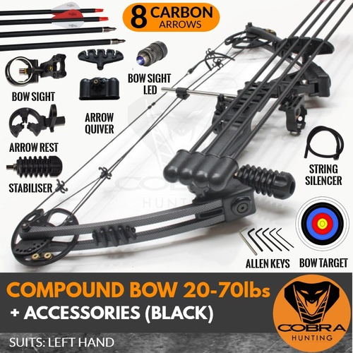20-70lbs Black LEFT HAND Compound Bow + 8 Arrows + Accessories Pack 