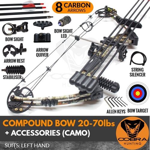 20-70lbs LEFT HAND Camo Compound Bow + 8 Arrows + Accessories
