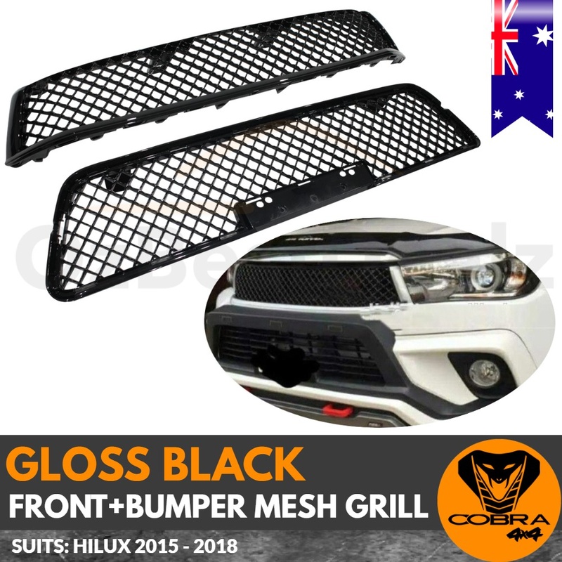 GLOSS BLACK MESH FRONT + BUMPER GRILL GRILLE Suitable for TOYOTA HILUX 2015 - 2018