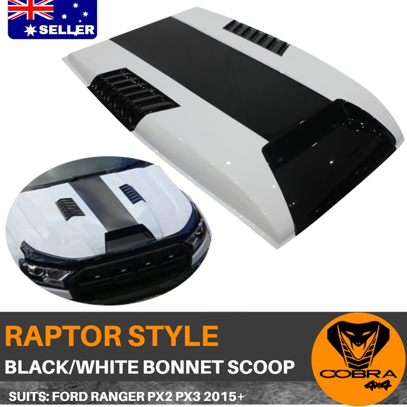 BLACK WHITE RAPTOR STYLE BONNET SCOOP FITS FORD RANGER PX2 PX3 2015 - 2019