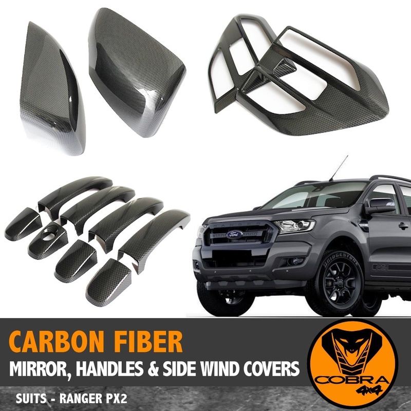Mirrors + Handles + Side Wind Covers Carbon Fibre style FITS Ford Ranger PX MK2 PX2 2015-18 Fiber Everest