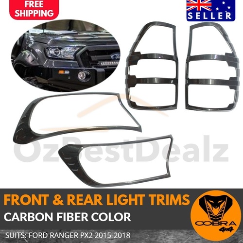 CARBON Fibre Head Light & Tail Light Trim Covers to Suits Ford Ranger 2015 - 2019 Fiber PX2 PX3