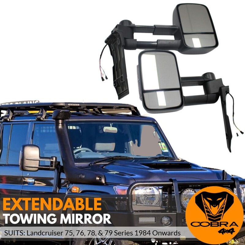 Extendable Towing Mirrors suit  Landcruiser 70, 75, 76, 78, & 79 Series 1984 Onwards Black Electric LED Indicators