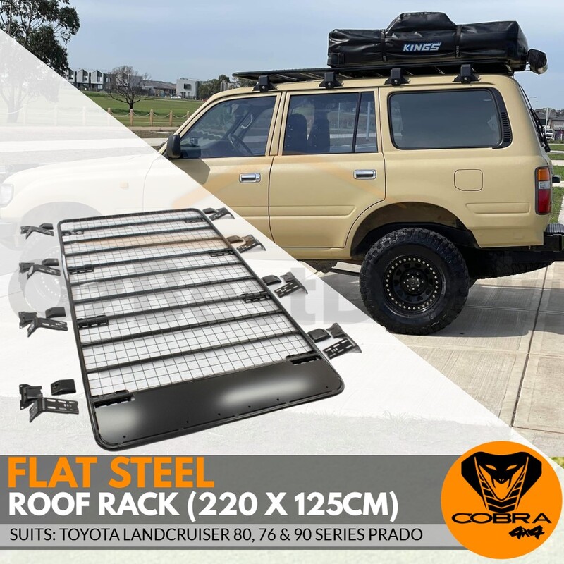Flat Roof Rack Cage fits Landcruiser 80 90 76 Series 220cm x 125cm Rain Gutter Mounts Black Powder Coated Steel Rack GU patrol Pajero