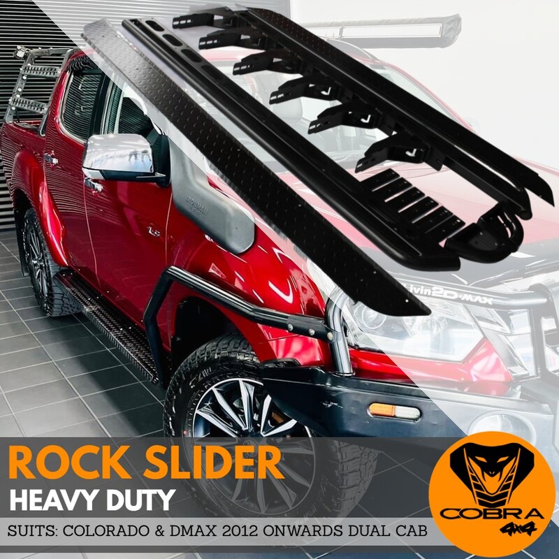 Heavy Duty Cobra 4x4 Rock Sliders + Brush bar fits Isuzu Dmax and Colorado 2012 Onwards Side Steps Black Steel