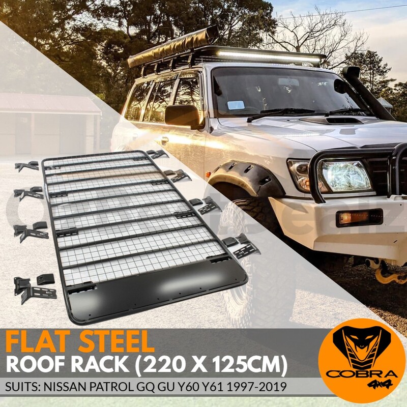Flat Roof Rack Rain Gutter Mounts fits Patrol GU GQ Y61 Y60 220cm x 125cm Black Powder Coated Steel Rack 80 series 100 